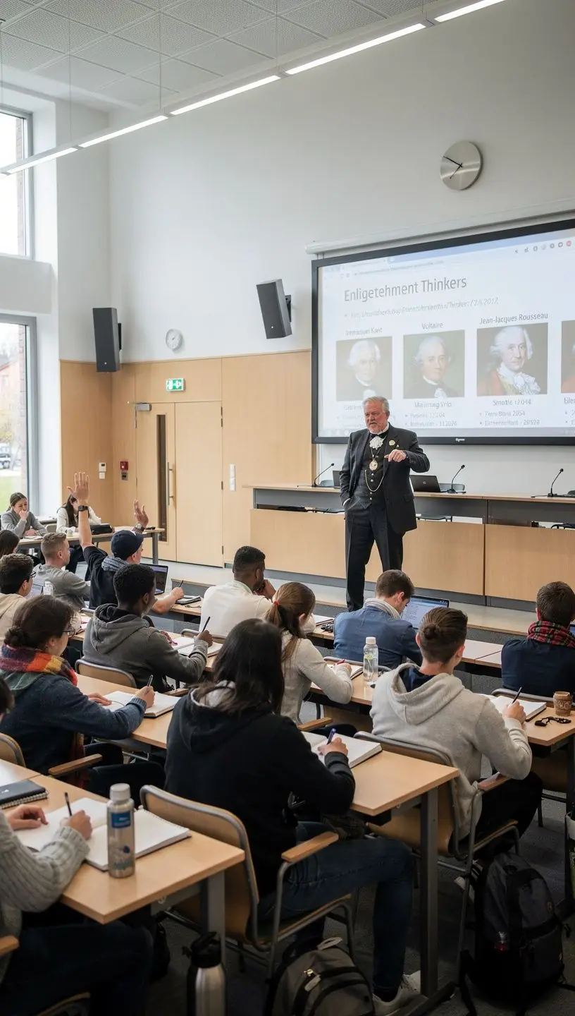 Ein modernes Klassenzimmer mit Computern, in dem Online-Geschichtsunterricht stattfindet.