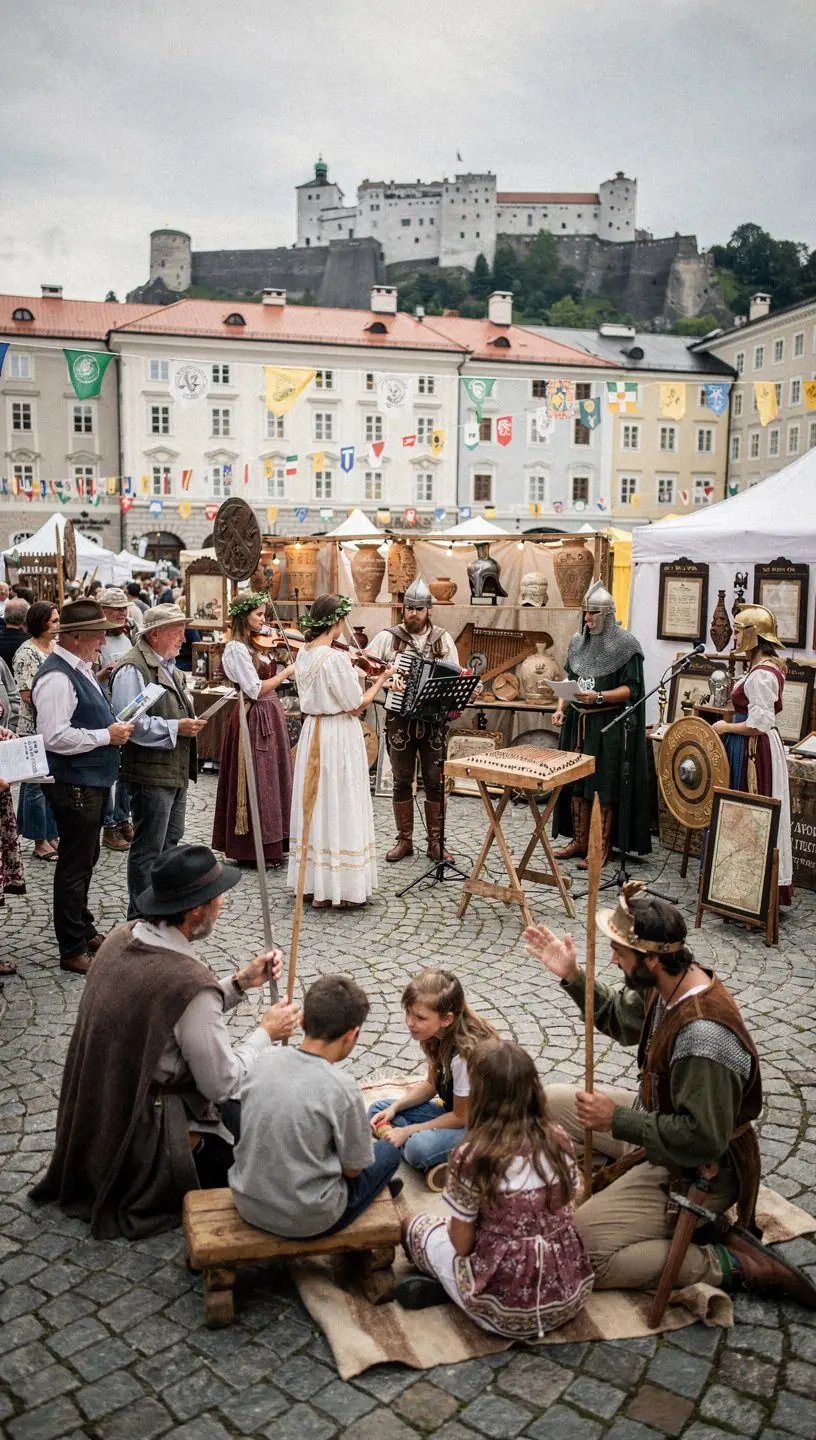 Eine Illustration von verschiedenen Kulturen der Welt, die in einer Zeitleiste angeordnet sind.