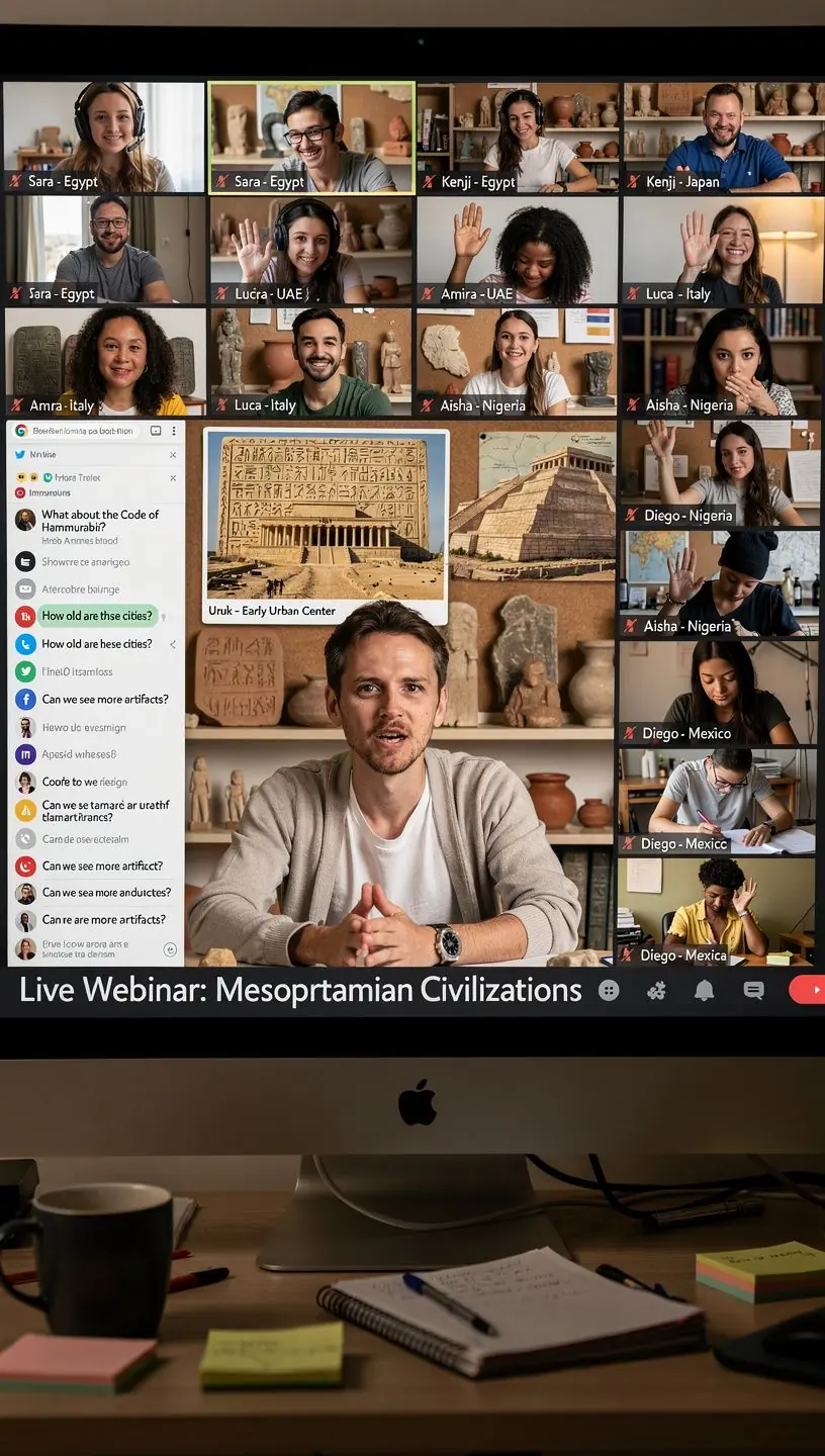 Eine Illustration von verschiedenen Kulturen der Welt, die in einer Zeitleiste angeordnet sind.