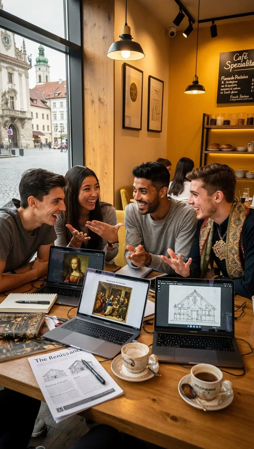 Eine Illustration von verschiedenen Kulturen der Welt, die in einer Zeitleiste angeordnet sind.