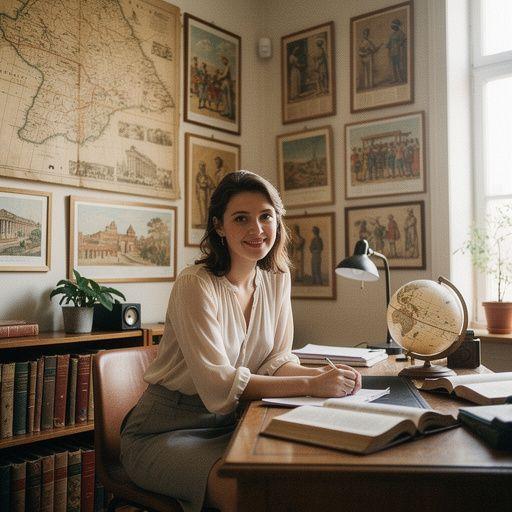 Ein Historiker, der in einer Bibliothek alte Manuskripte studiert.